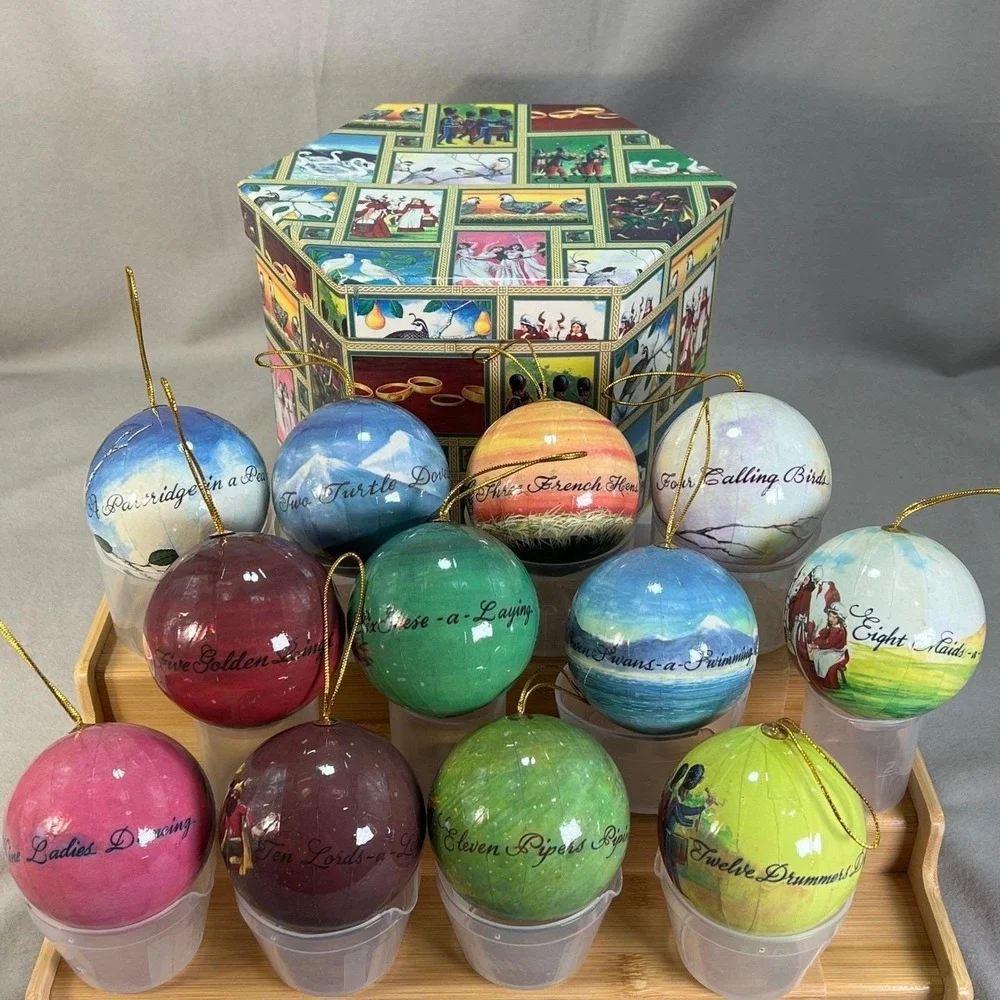 12 Days of Christmas Vintage Decoupage Ornament Set with Storage Box Complete